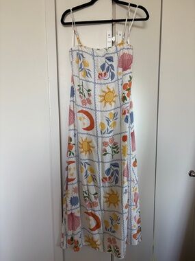 Midi Slip Dress with Sun, Moon & Floral Print - White Multi